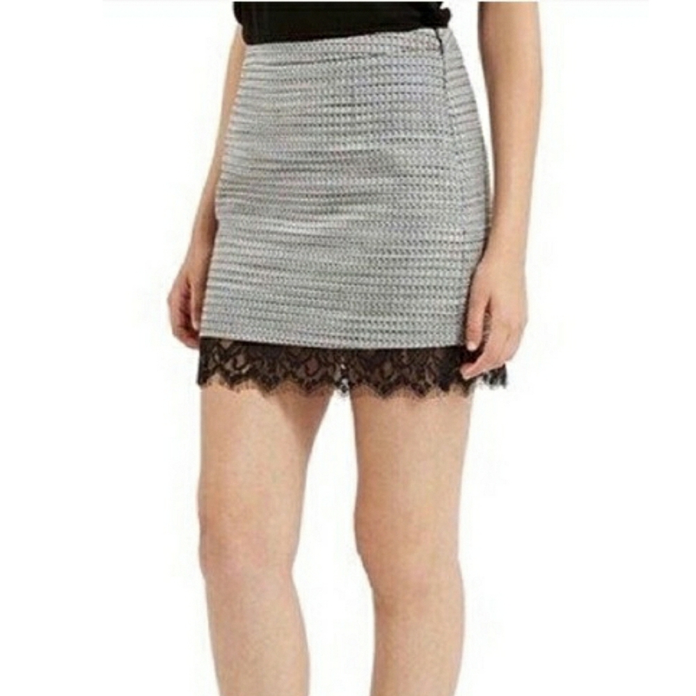 Topshop Black White Tweed Mini Skirt | Eyelash Lace Hem | SIZE 8